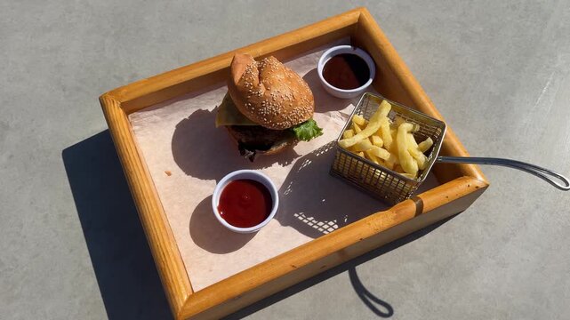 Lunchbox with chicken burger, french fries, and ketchup on a wooden tray, fast food takeout meal.