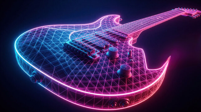 Wireframe electric guitar glows with pink and blue neon lights against dark background. Futuristic musical instrument with geometric mesh, digital art. Modern tech sound.