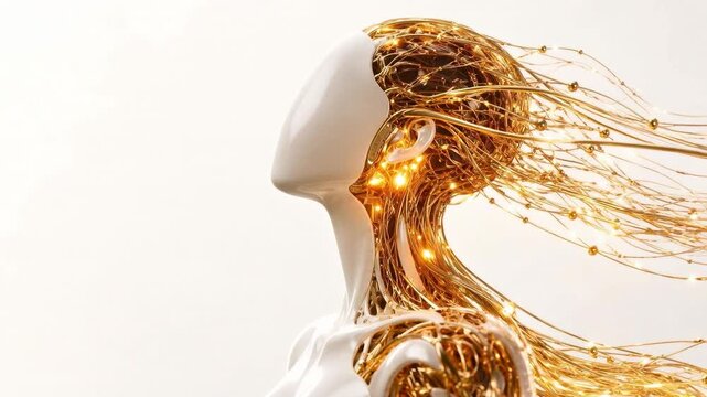 Golden neural filaments stream from futuristic humanoid AI head on white background