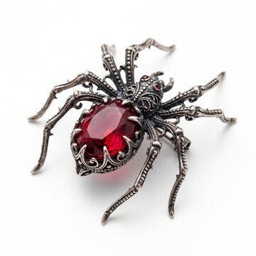 Vintage silver spider jewelry pin featuring a faceted red gemstone on white background