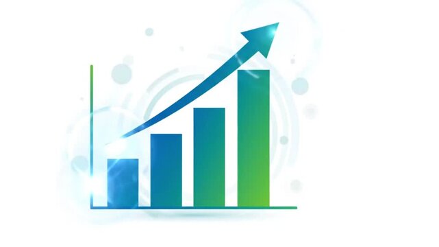Blue and green gradient business bar chart infographic showing positive financial growth with an upward pointing arrow symbol for success