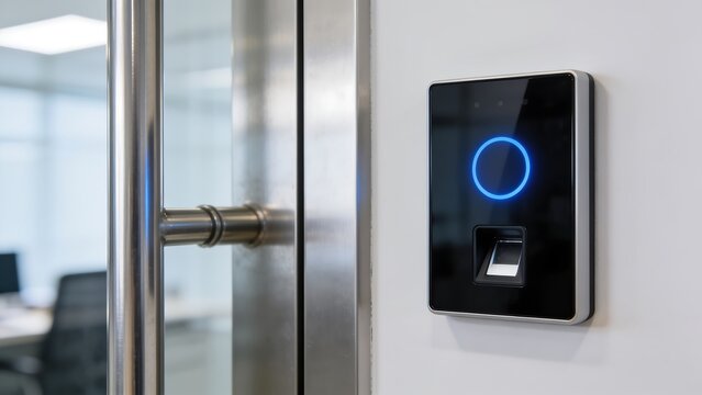 Biometric Fingerprint Access Control Reader on Office Wall