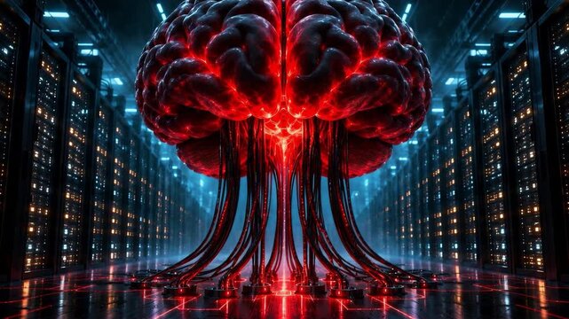 Glowing red AI brain connected to server racks in a futuristic data center