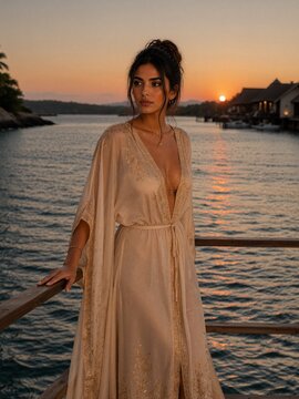 Woman in embroidered kaftan on a waterfront deck at sunset