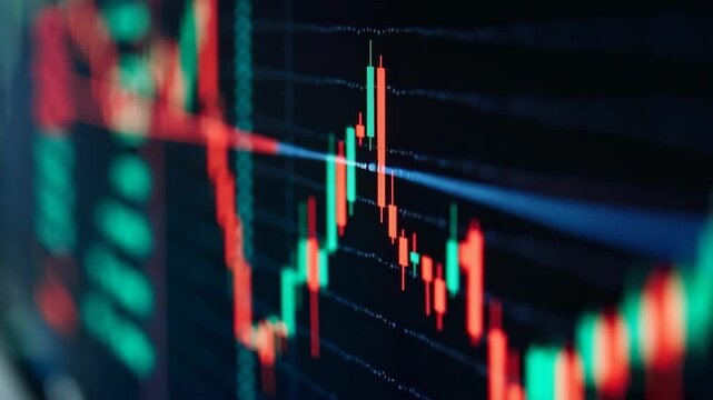 Close-up of financial trading screen market data with various colored candlestick charts, numerical values, trend lines indicating stock performance. fuel crisis, tense global situation, oil embargo