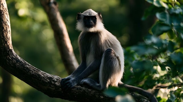 A langur monkey sits calmly on a thick tree branch  surrounded by lush green foliage in a forest setting