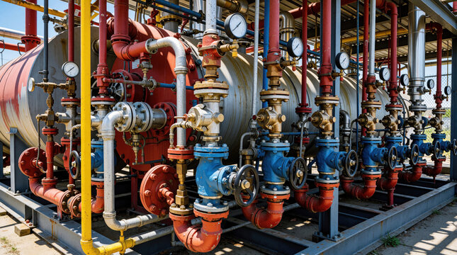 Industrial gas mixing skid with pipes valves gauges. Complex machinery regulates fuel blend for optimal combustion efficiency. Outdoor factory setting displays intricate pipe network, control systems.