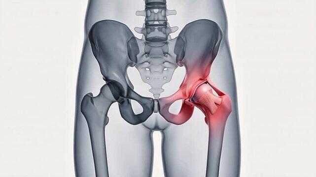 3D medical animation of the human skeletal hip joint with a red highlight indicating pain, inflammation, or injury in the pelvic region