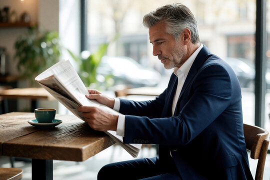 Mature caucasian businessman sits at wooden cafe table reading morning newspaper. Pro male in dark suit enjoys coffee, news working remotely. Senior entrepreneur works from coffee shop near window