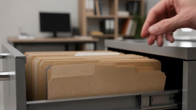 Person organizing brown file folders in metal filing cabinet for office document management