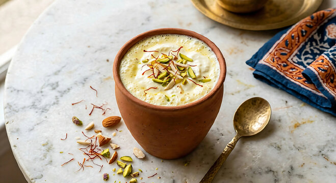 Authentic creamy Punjabi sweet lassi in clay cup garnished with malai pistachios and saffron on marble table
