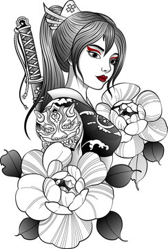 Japanese Kunoichi Female Ninja Vector Illustration with Katana Sword on Dark Background