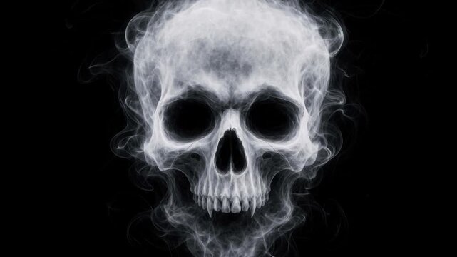Eerie white smoke forming a realistic human skull shape on black background spooky concept