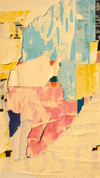 Old colorful posters ripped torn crumpled paper abstract grunge texture wall backdrop placard surface, seamless loop vertical collage urban street posters slideshow background