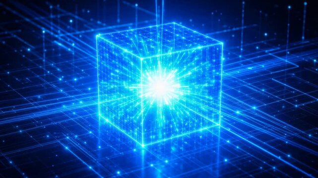 Glowing blue digital cube with futuristic network grid and bright light spark technology concept