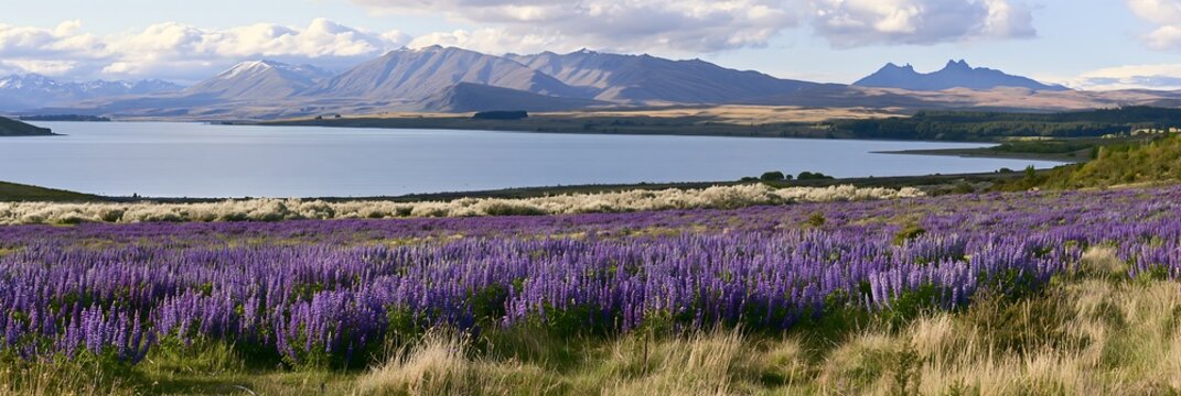 Lupine meadow panorama at Lake Tekapo in New Zealand