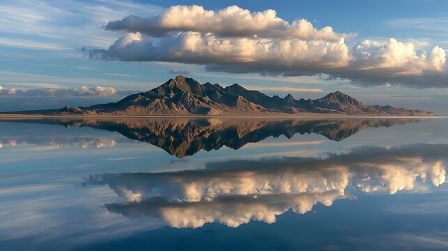 Layered stratocumulus clouds casting flowing shadows across reflective salt flats beneath soft afternoon sunlight premium climate inspired landscape with sharp focus