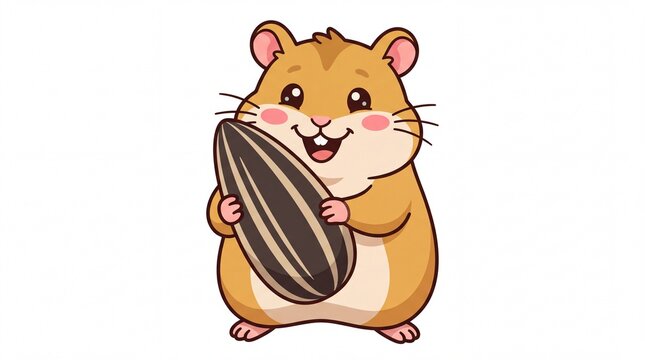 Cute little cartoon hamster holding a large sunflower seed isolated on a white background vector illustration