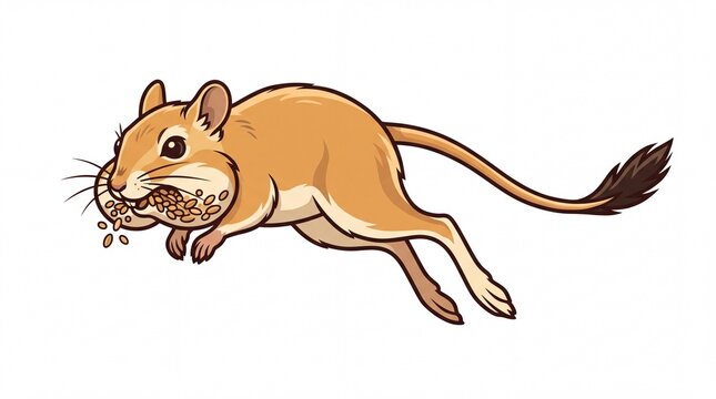 Cute Cartoon Illustration of a Jumping Kangaroo Rat Holding Seeds in Its Cheeks Isolated on White Background