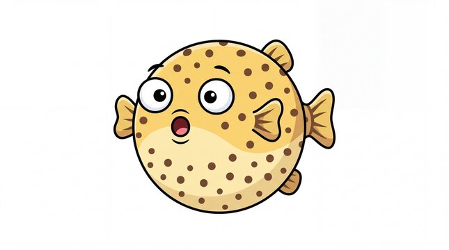 Cute cartoon pufferfish illustration isolated on white background, funny round blowfish character swimming
