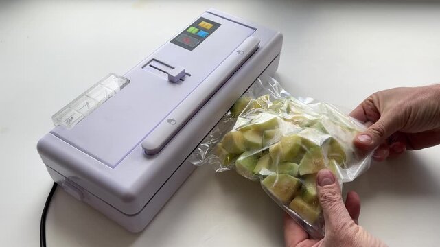 Home canning for winter: hands vacuum seal fresh sliced zucchini in bags, preserving summer harvest in a cozy kitchen, a candid authentic life moment of domestic food prep today.