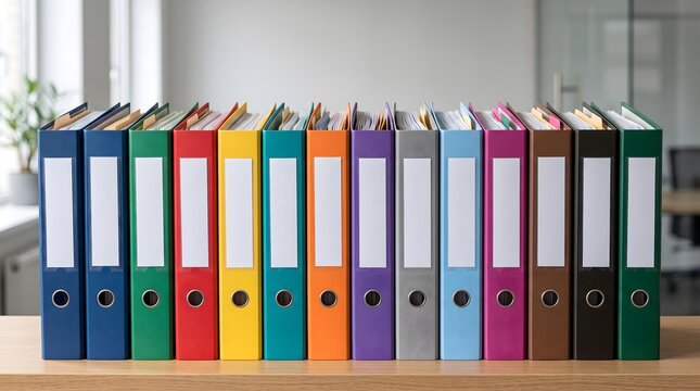 Row of multi colored office folders lined up on a wooden shelf