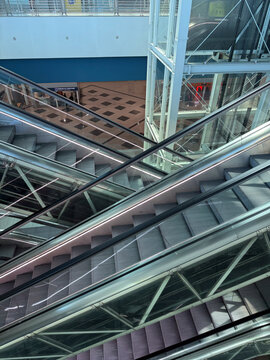 modern escalators in a shopping mall, architectural design, concept of retail, travel, transport