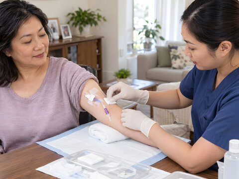 Home care nurse performing a routine PICC dressing change for an older Asian woman with clean upper arm vascular access