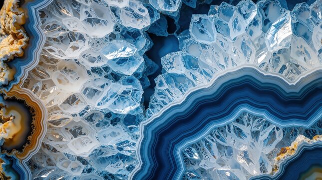 Close up of blue and white geode interior showing layered chalcedony bands and crystal formations. Natural quartz cave reveals stunning mineral patterns and textures.