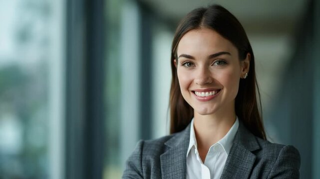 A confident businesswoman in a gray suit stands with arms crossed in a modern office corridor. Professional success, leadership, and corporate style are depicted in a contemporary work setting.