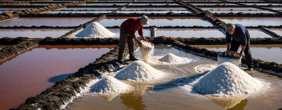 Men harvest sea salt from shallow ponds. Workers collect white salt piles using baskets in salt pans. Traditional solar evaporation method used for sea salt production.