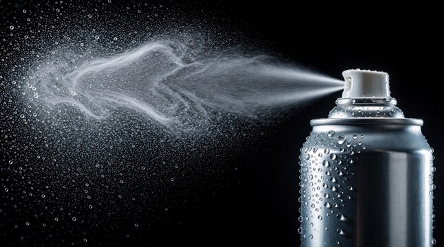 Silver spray can emits fine liquid mist. Water droplets cover can surface, creating condensation effect. Spray disperses in air creating cloud of fine particles.