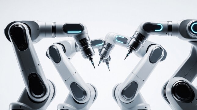 Industrial robot arms with glowing blue lights move in unison. Modern automated machines prepare for factory production tasks, implying future manufacturing.
