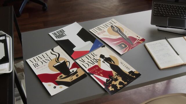 Graphic design posters and marketing prints lying on office desk near laptop in top angle close up view. Footage suits branding presentations and creative agency advertising projects