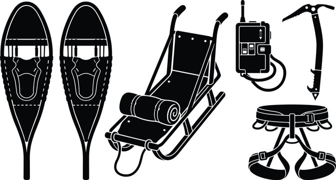 Winter hiking and mountaineering equipment icon set featuring snowshoes rescue sled ice axe and safety harness