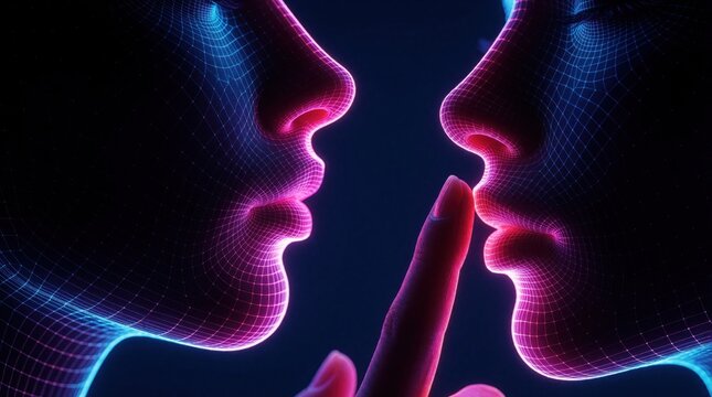 Close up of digital human faces in neon light. Cyber wireframe profiles face. Finger touches lips making hush gesture. Abstract futuristic concept of virtual reality, artificial intelligence, digital