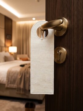 Hotel room door with doorknob and keyhole, do not disturb sign hanging on the handle.