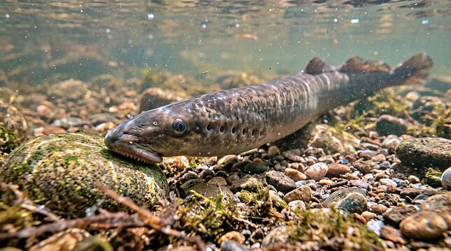 A lamprey clings to mossy stone with sucker mouth in sunlit stream.