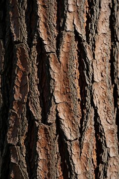 Detailed close-up of thick brown tree bark texture. Deep fissures and rough surface show tree age and natural pattern. Wood grain is visible under sunlight.