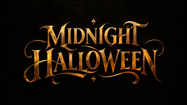 Midnight Halloween vintage typography, ornate golden lettering on black background, spooky gothic text design for holiday posters
