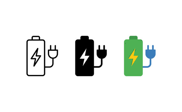 Minimalist battery icons with charging plug symbols in outline and color styles