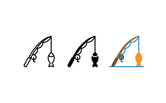 Minimalist fishing rod icons in line style and color design on white background