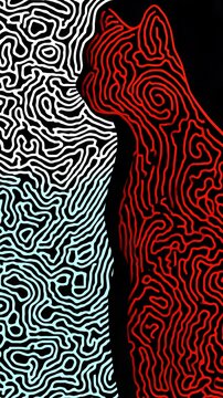 Abstract cat silhouette filled with red maze lines alongside white coral pattern on black background for artistic meme overlays