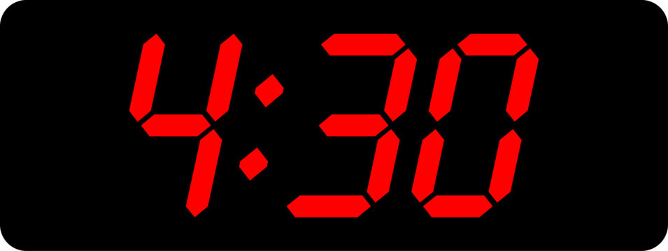 Electronic display panel showing the digital time four thirty in glowing red segmented numbers.