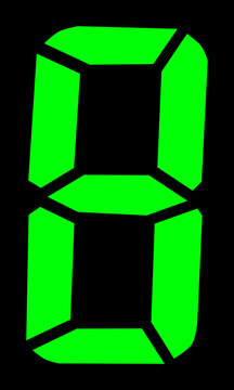 Digital number eight shines brightly in green on a classic seven-segment electronic display.