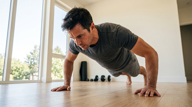 Man performing push-ups for Movember men's health in a home gym  