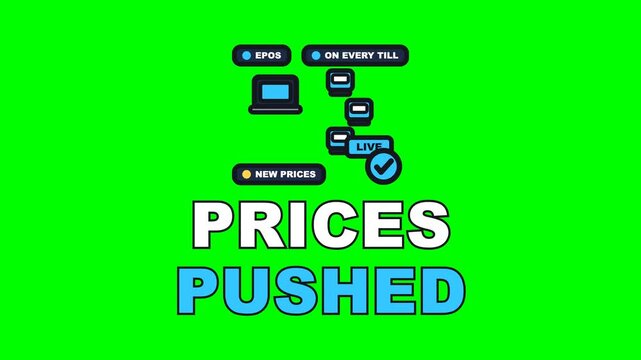 4K green screen PRICES PUSHED animated text - the new prices go out and land on every till, kinetic typography hospitality admin overlay for operators, chroma key