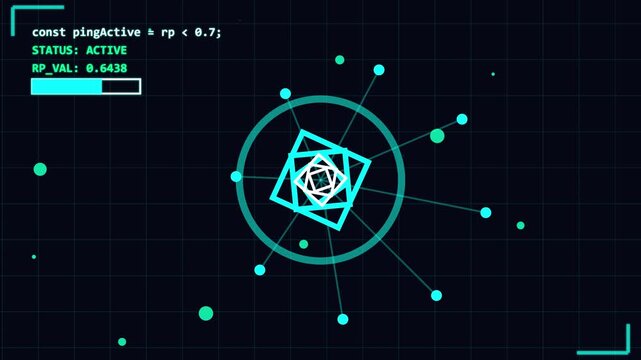Abstract Digital Interface with Geometric Shapes and Data Visualization on Dark Grid Background