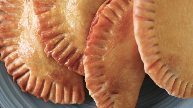Plate of golden homemade empanadas rotating slowly, showcasing traditional savory pastries ready to serve and eat.