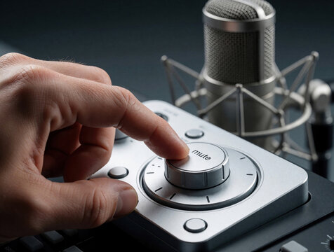 Hand presses mute button on silver audio mixer. Recording studio setup with microphone and control board for sound production. Professional equipment for voice.